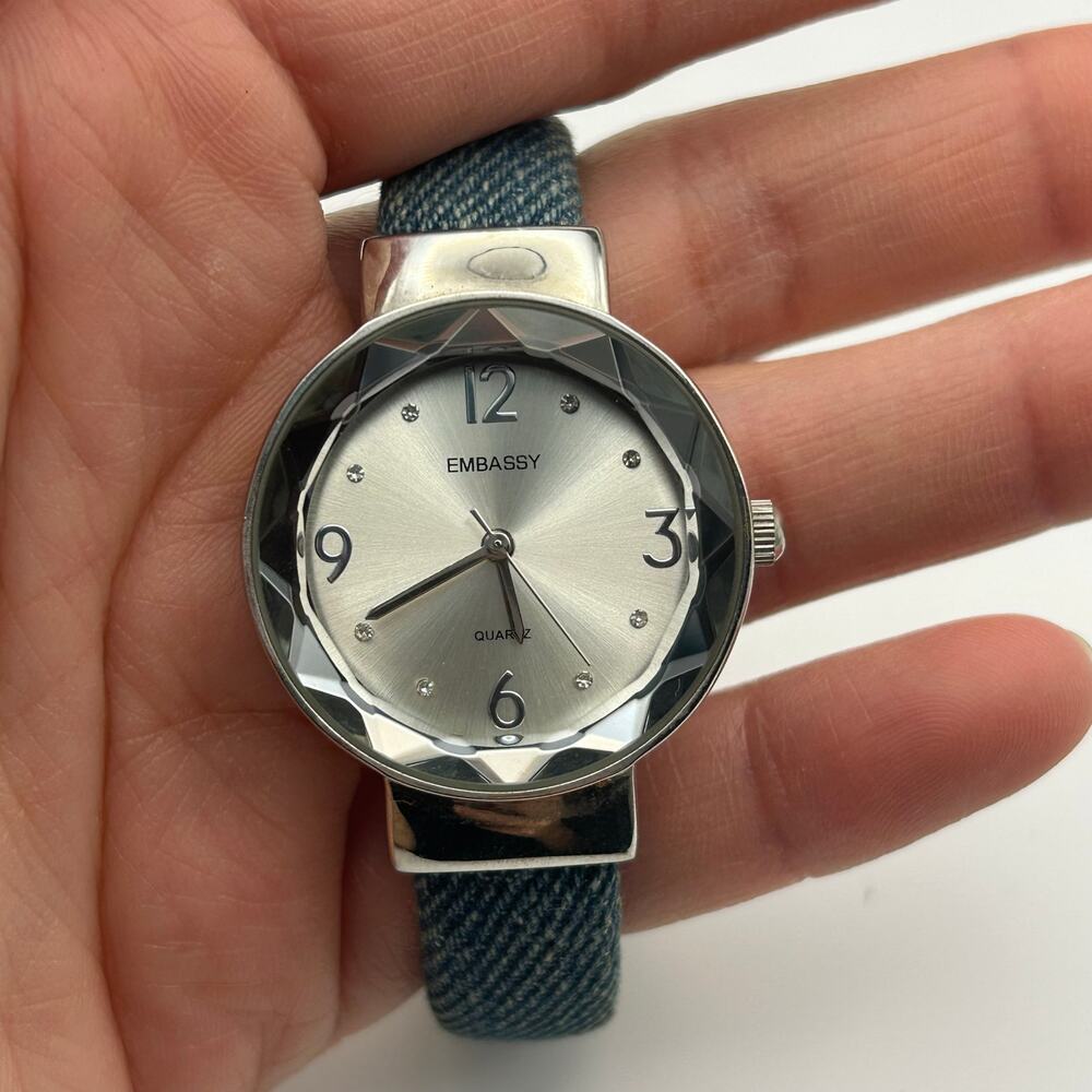 Vintage Embassy Women’s Quartz Watch Faceted Crystal Bezel Blue Denim Strap - Picture 7 of 8